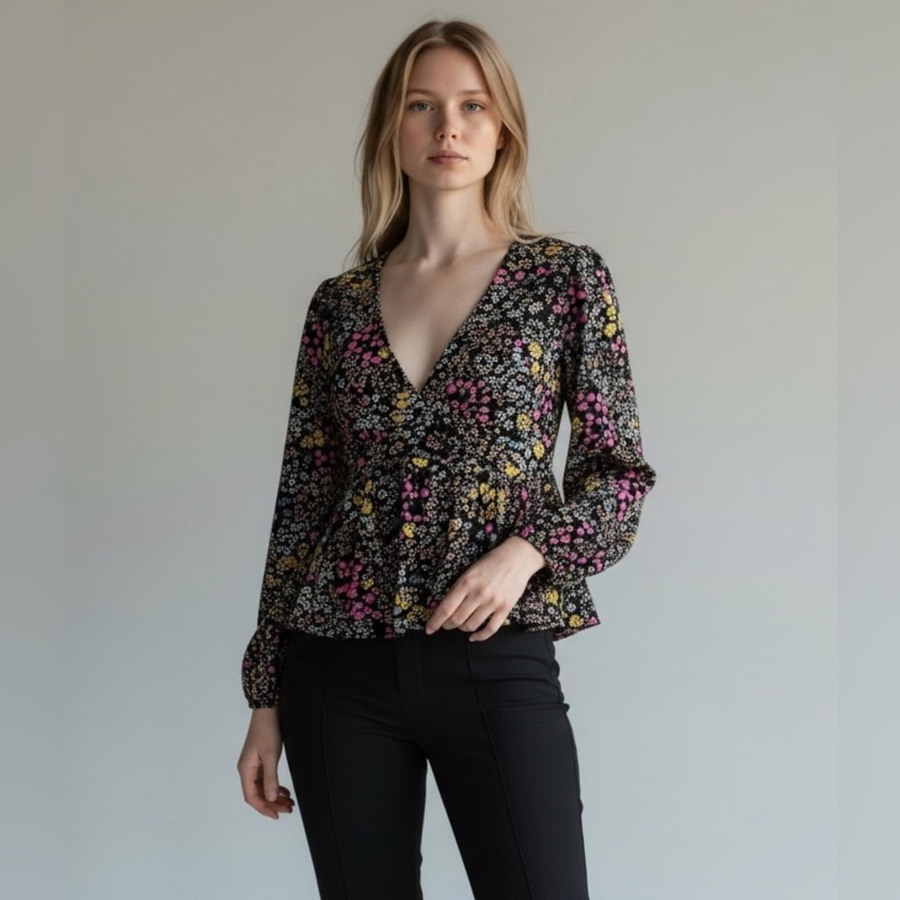 Shein Curve Plus Size 1X Floral Blouse Long Sleeve V Neck Button‎ Front